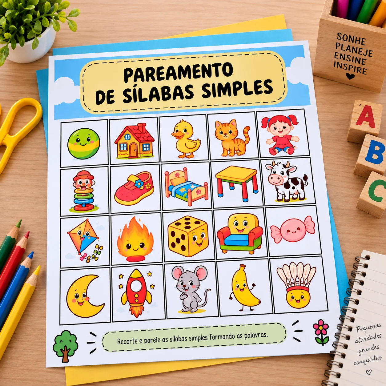Pareamento de Sílabas Simples-Alfabetização — amostra 3: Atividade de pareamento de sílabas simples com palavras…