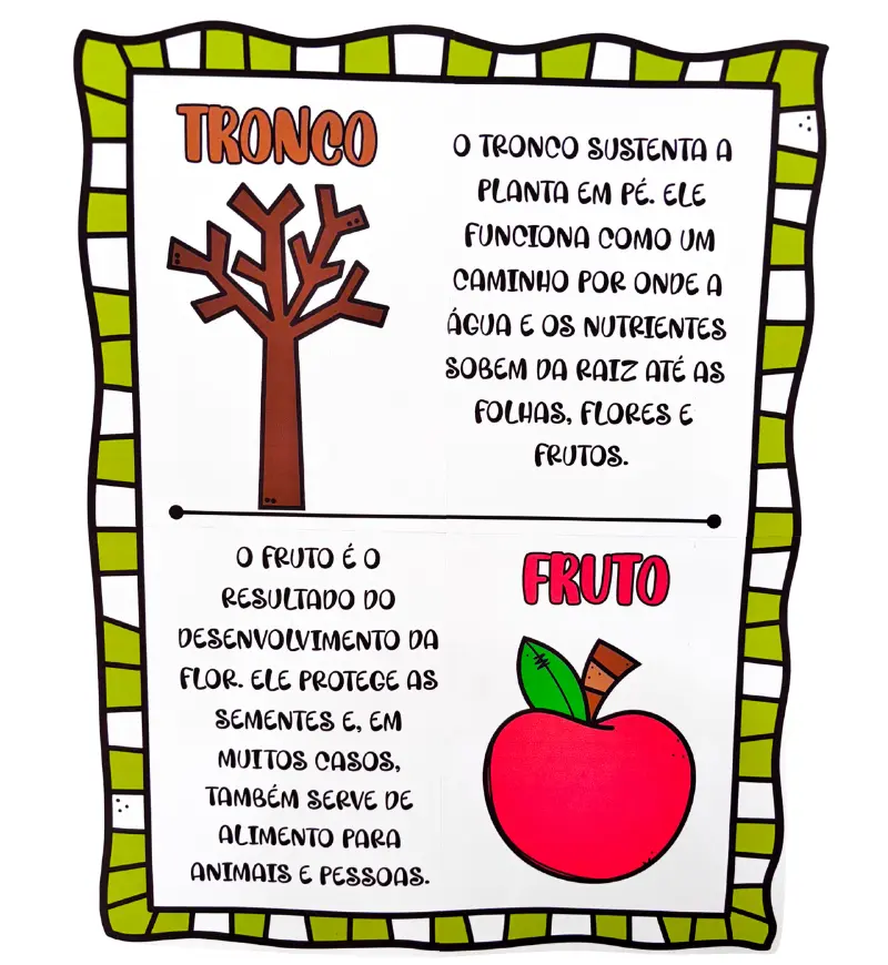 Partes da Árvore: Painel em PDF para Imprimir — amostra 6: Apresente raiz, tronco, folhas, flores, frutos e sementes com um…