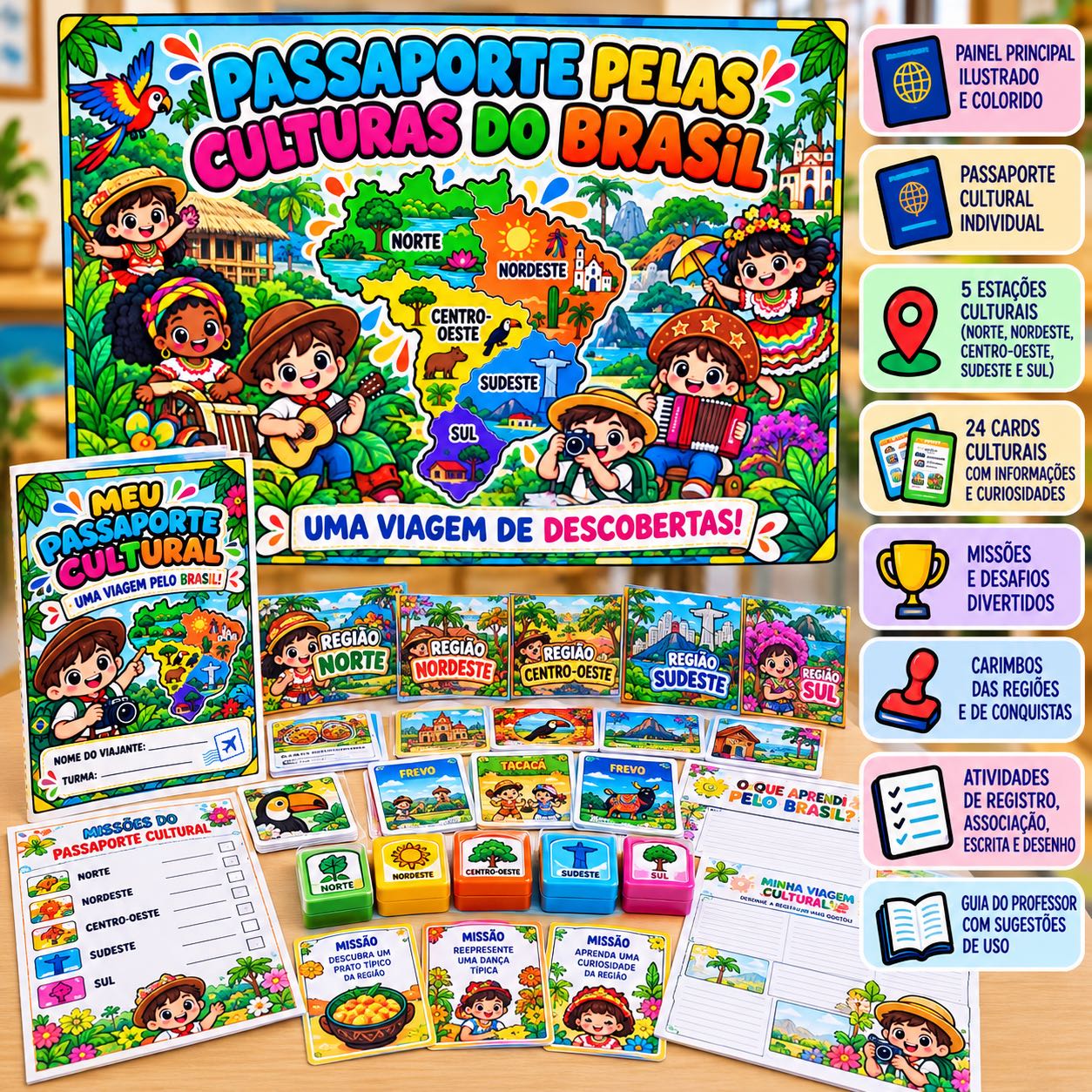 Passaporte Cultural do Brasil – 5 Regiões Brasileiras — Alfabetização para Educação Infantil: Kit pedagógico interativo…