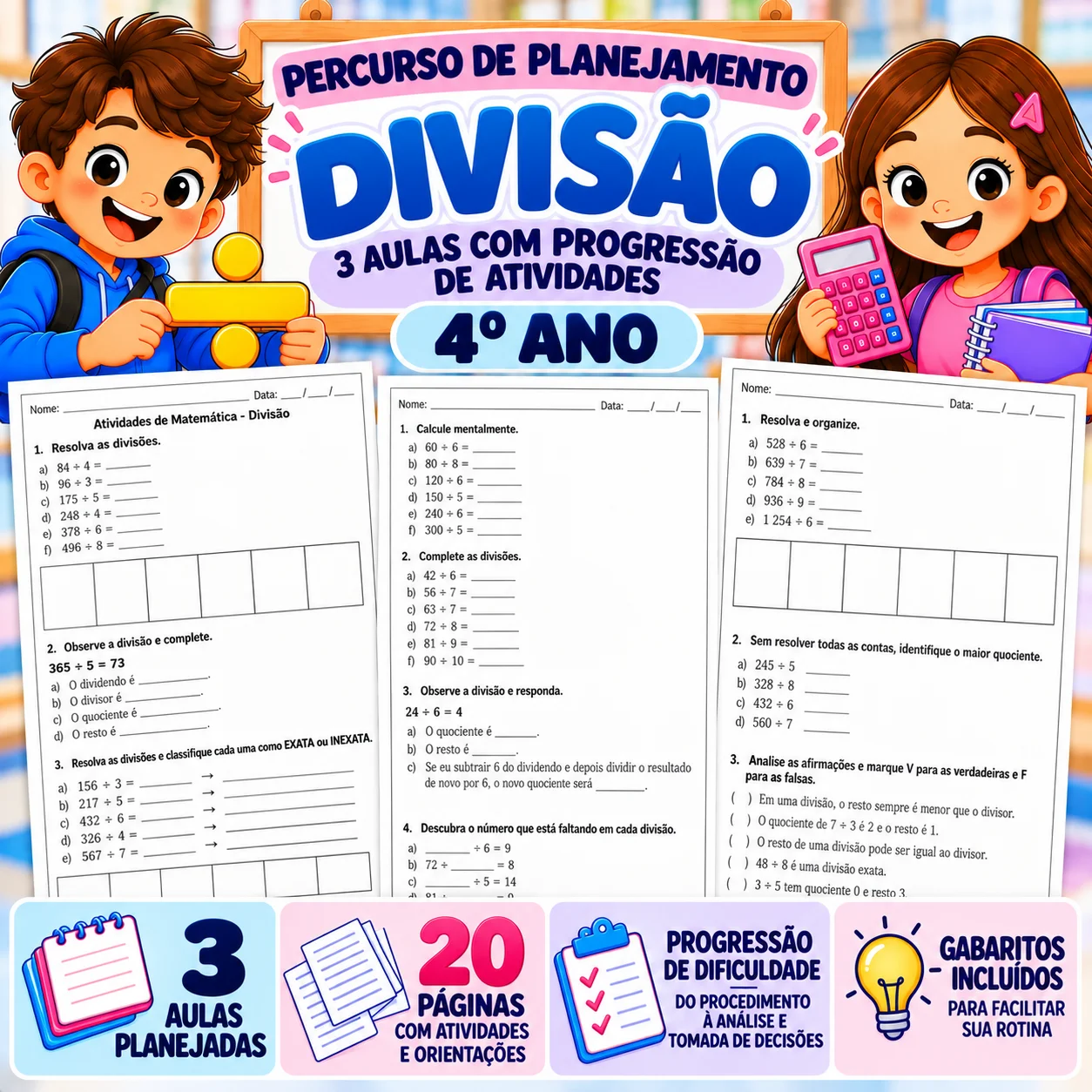 Percurso de Planejamento | Divisão | 4º Ano — Matemática para 4º ano: Percurso completo de 3 aulas sobre divisão, com…