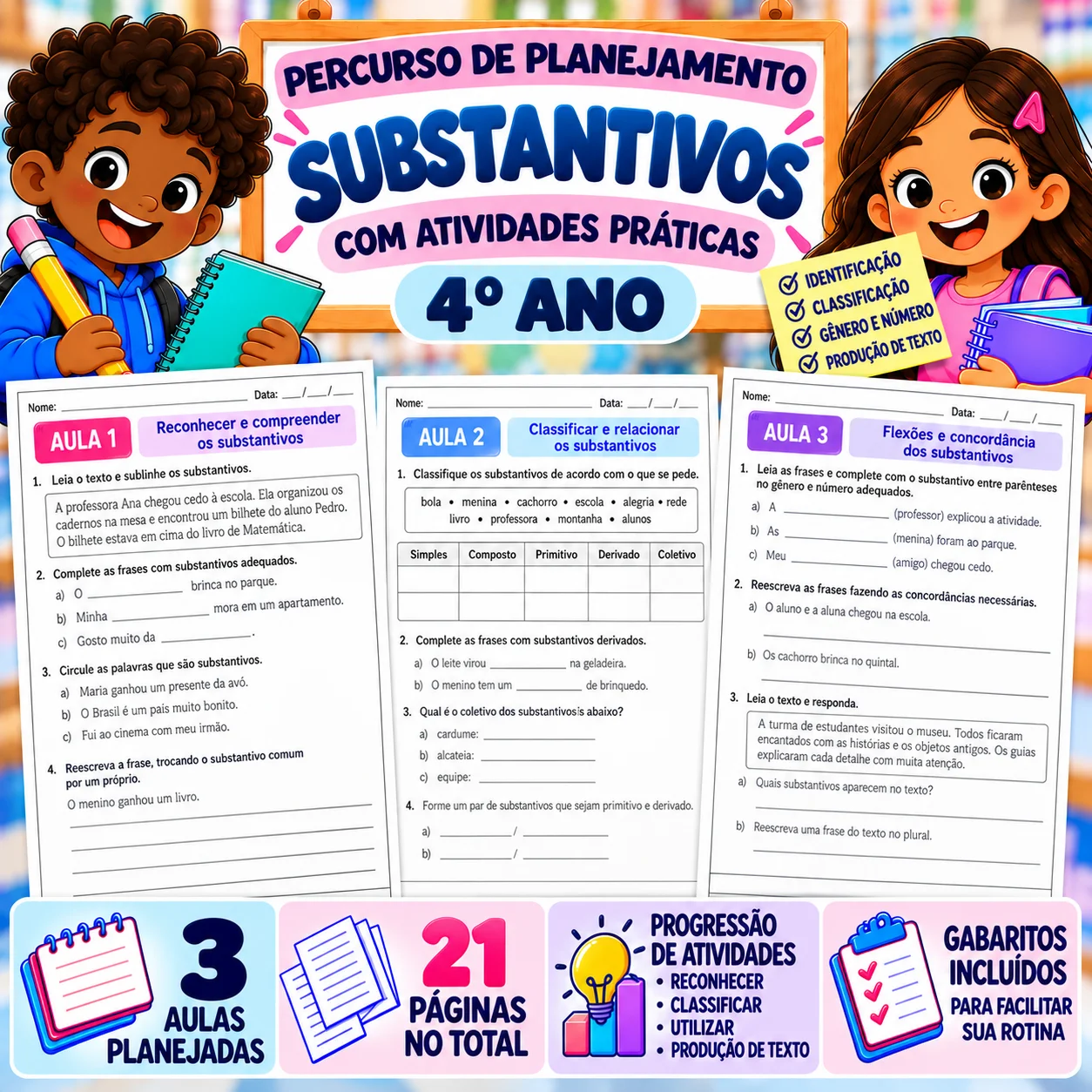 Percurso de Planejamento | Substantivos | 4º Ano — Português para 4º ano: Percurso de 3 aulas para trabalhar substantivos,…