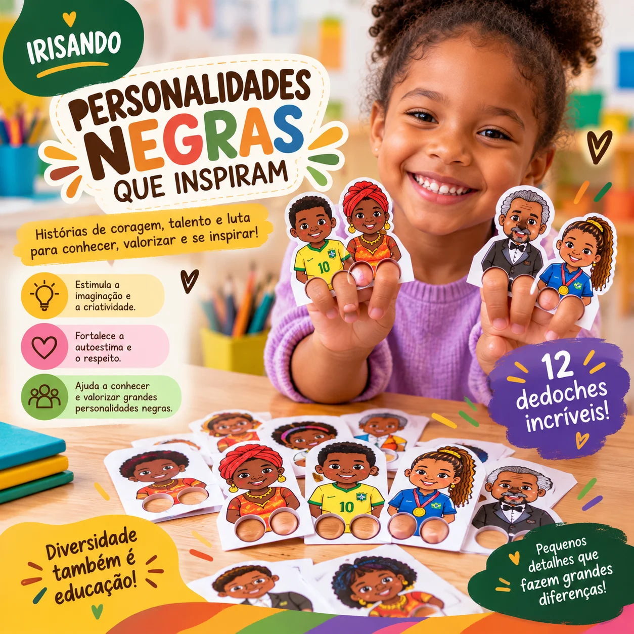 Personalidades negras que inspiram – Kit de dedoches — amostra 1: O material reúne 12 personalidades negras, com pequenas…