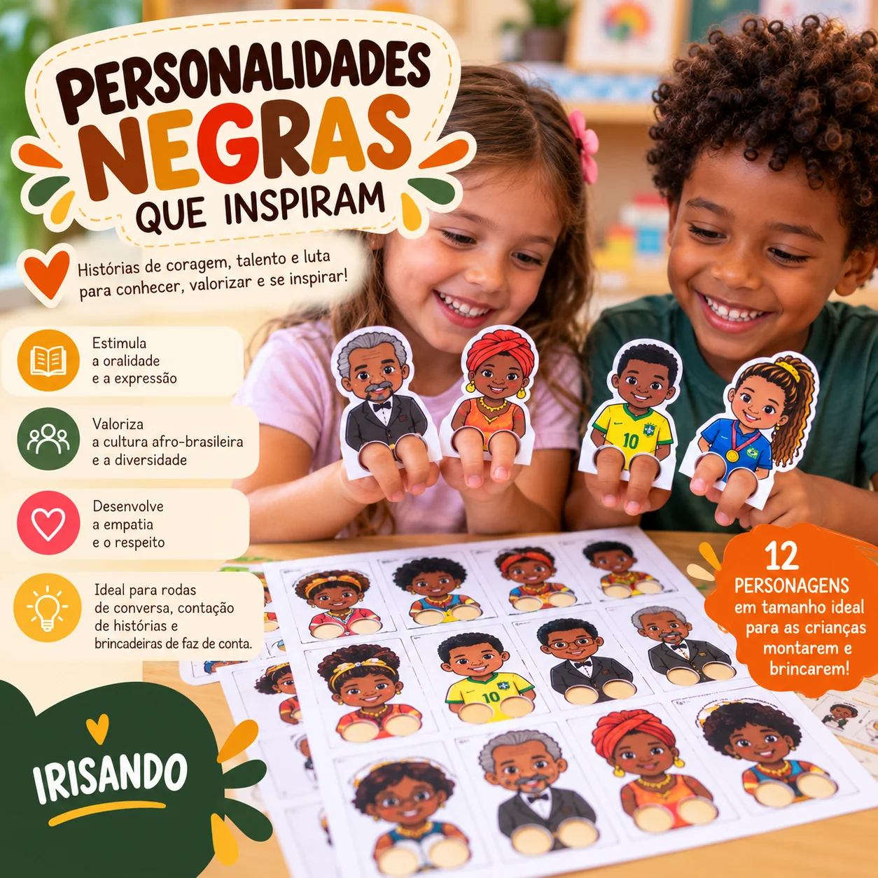 Personalidades negras que inspiram – Kit de dedoches — amostra 2: Kit com 12 dedoches de personalidades negras