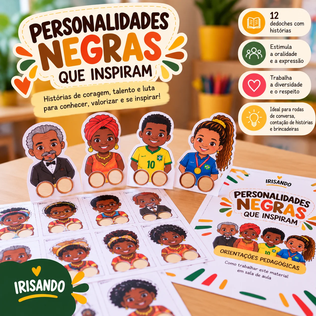 Personalidades negras que inspiram – Kit de dedoches — amostra 3: Kit com 12 dedoches de personalidades negras