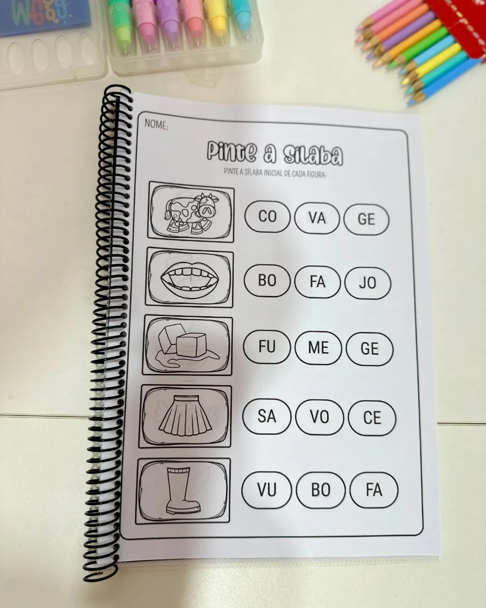 Pinte a Sílaba: 16 Atividades de Alfabetização — amostra 1: 16 páginas para identificar e pintar a sílaba inicial das figuras