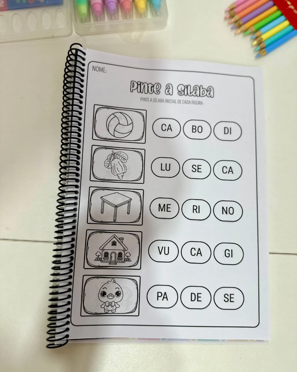 Pinte a Sílaba: 16 Atividades de Alfabetização — amostra 2: 16 páginas para identificar e pintar a sílaba inicial das figuras