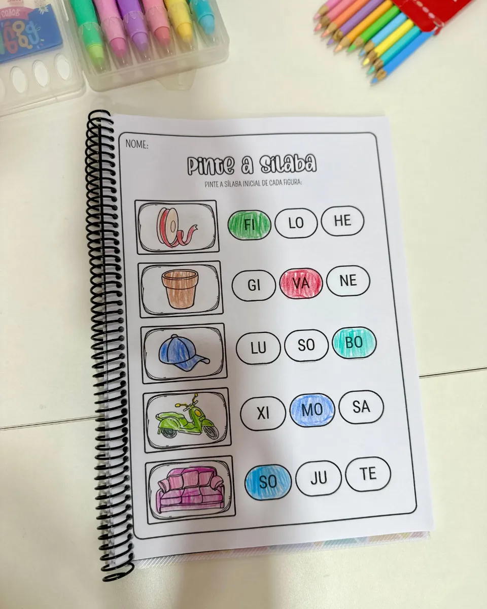 Pinte a Sílaba: 16 Atividades de Alfabetização — amostra 4: 16 páginas para identificar e pintar a sílaba inicial das figuras