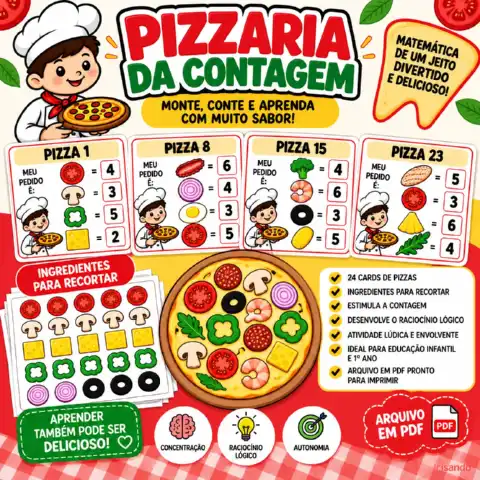 🍕 PIZZARIA DA CONTAGEM — MONTE, CONTE E APRENDA! — amostra 3: 🍕 Transforme a contagem em uma brincadeira deliciosa