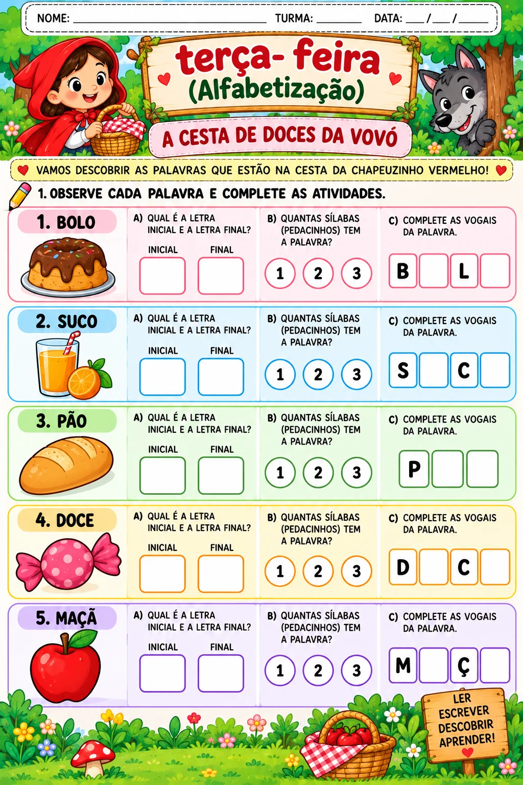 Planejamento Semanal Chapeuzinho Vermelho – 1º Ano — amostra 5: Quinta-feira – Os Cinco Sentidos do Lobo