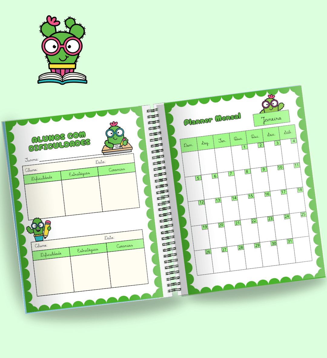 Planner para Professor 2025 Cacto em PDF para Imprimir — amostra 1: Planner para Professor 2025 com tema Cacto