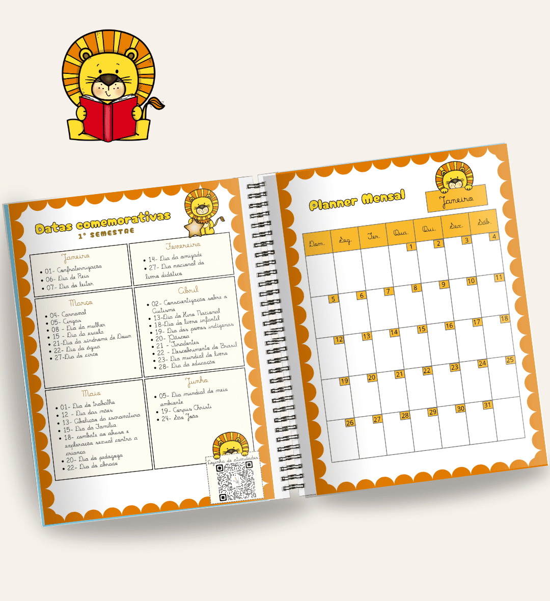 Planner para Professor 2025 Leãozinho: PDF para Imprimir — amostra 1: Planner para Professor 2025 com tema Leãozinho