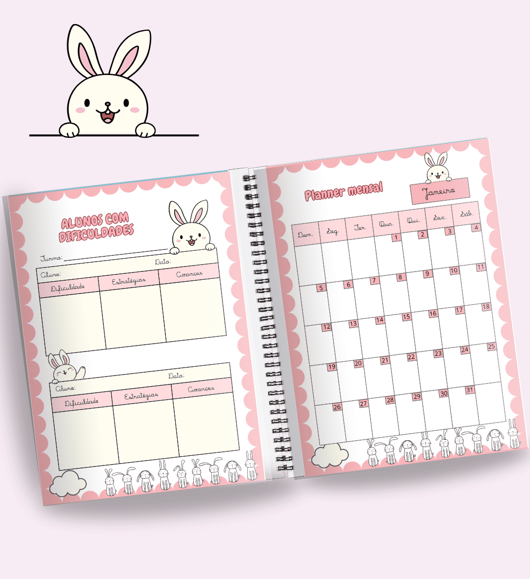 Planner para Professor 2025: Organização com Tema Coelhinho — amostra 1: Planner para Professor 2025 com tema Coelhinho
