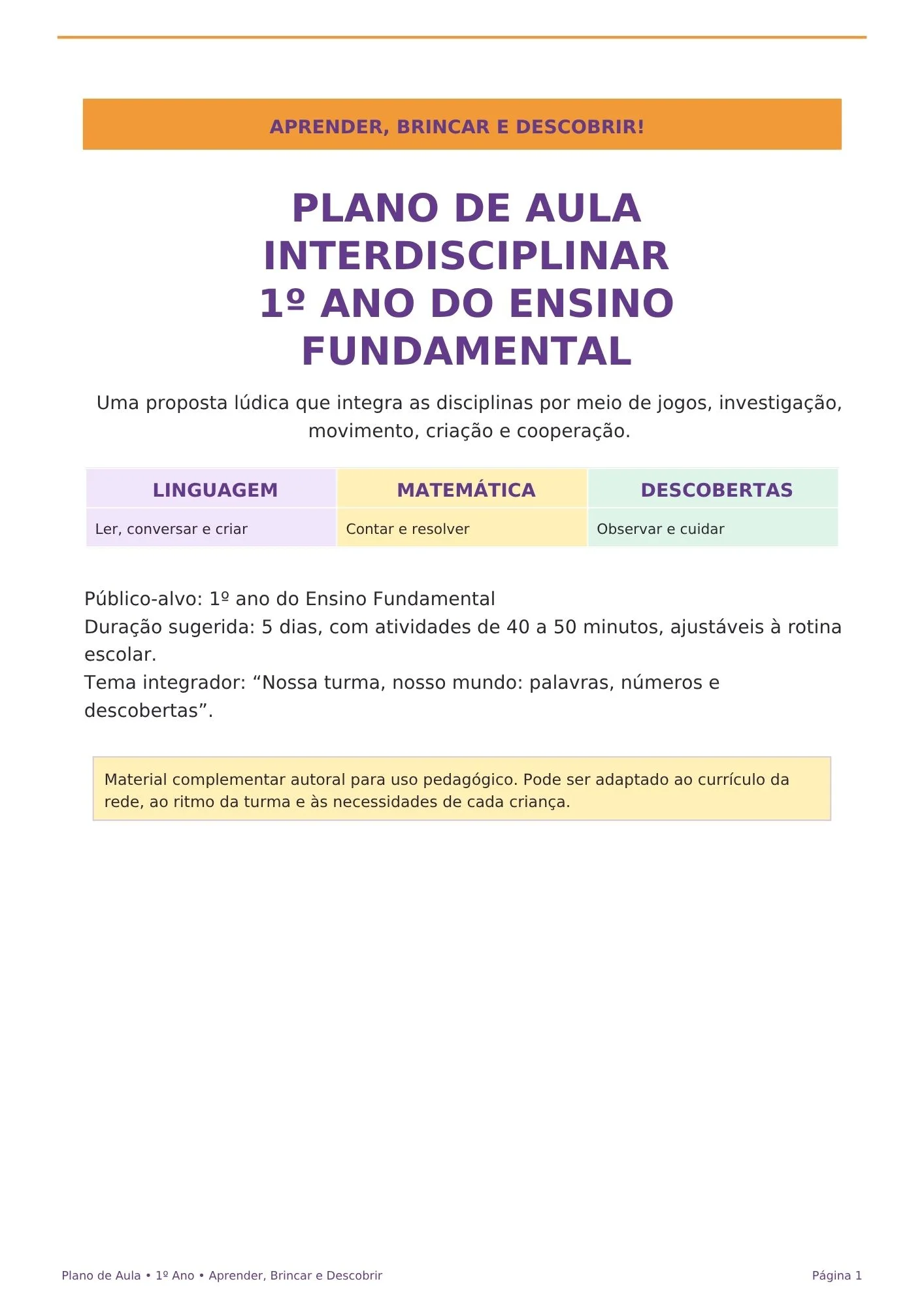 Plano de Aula Interdisciplinar 1º Ano: Atividades Lúdicas — capa do material