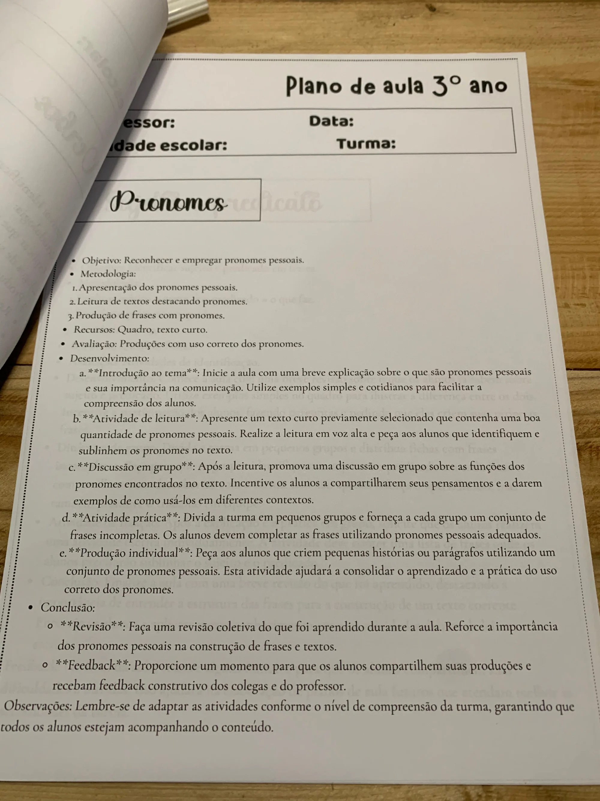 Planos de Aula 3º Ano Ensino Fundamental — amostra 3: Material com 21 páginas de planos de aula para o 3º ano, com…