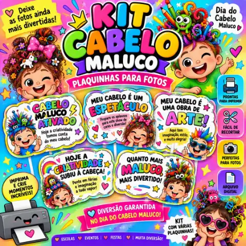 Plaquinhas cabelo maluco para fotos divertidas — capa do material