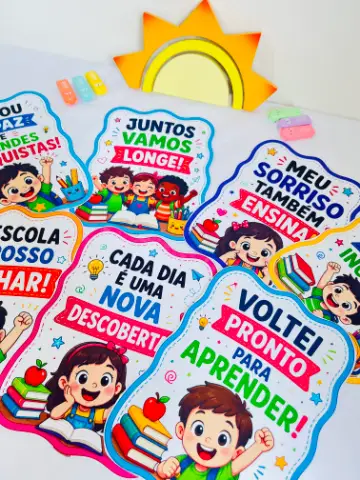 Plaquinhas Volta às Aulas PDF | Fotos e Acolhida — amostra 2: 📦 Conteúdo do Material: Plaquinhas Volta às Aulas PDF | Fotos e Acolhida — amostra 2: 📦 Conteúdo do Material: