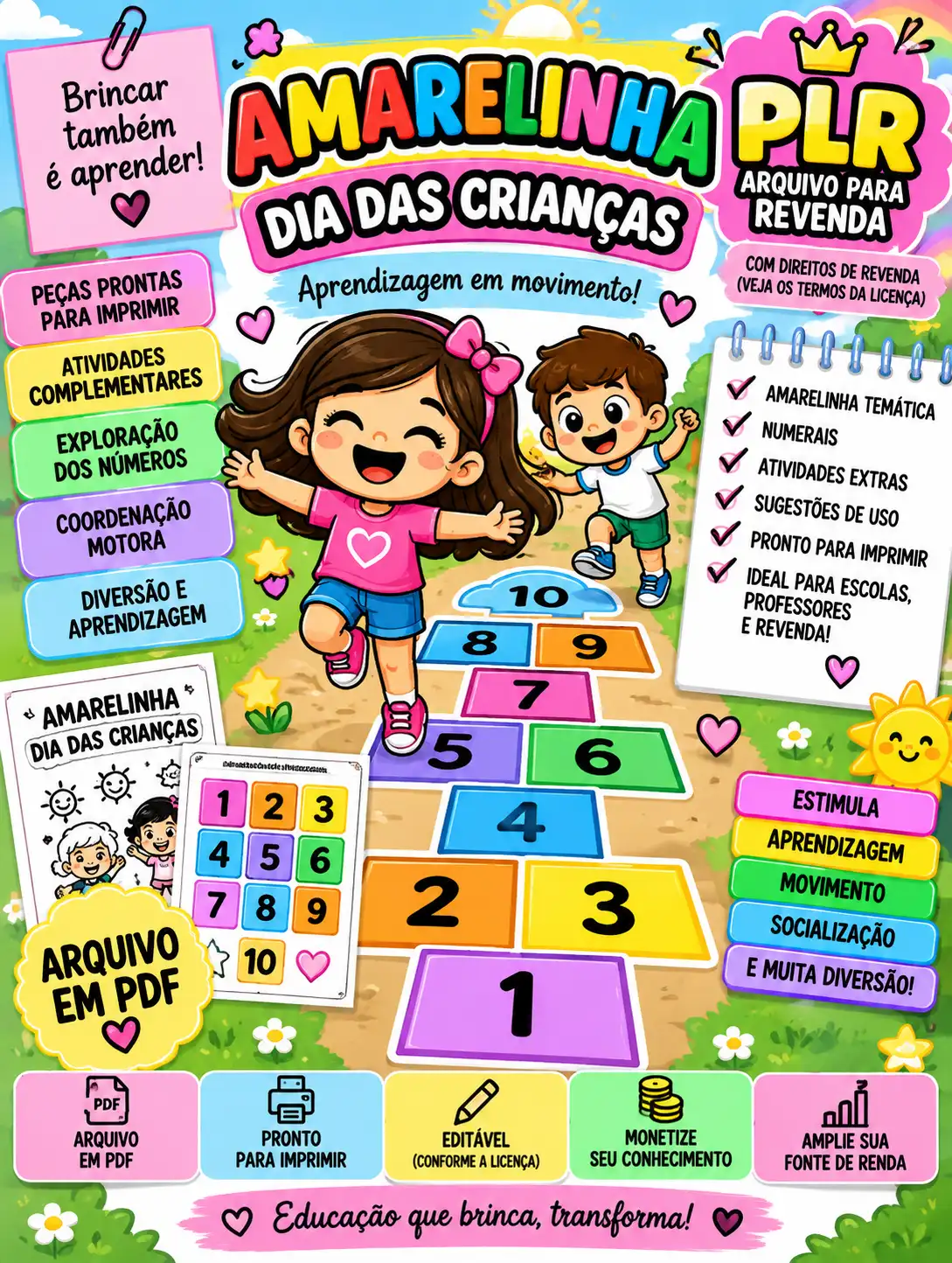 PLR Amarelinha Dia das Crianças – Recurso Pedagógico para Revenda PDF — Matemática para Educação Infantil: Arquivo PLR da…