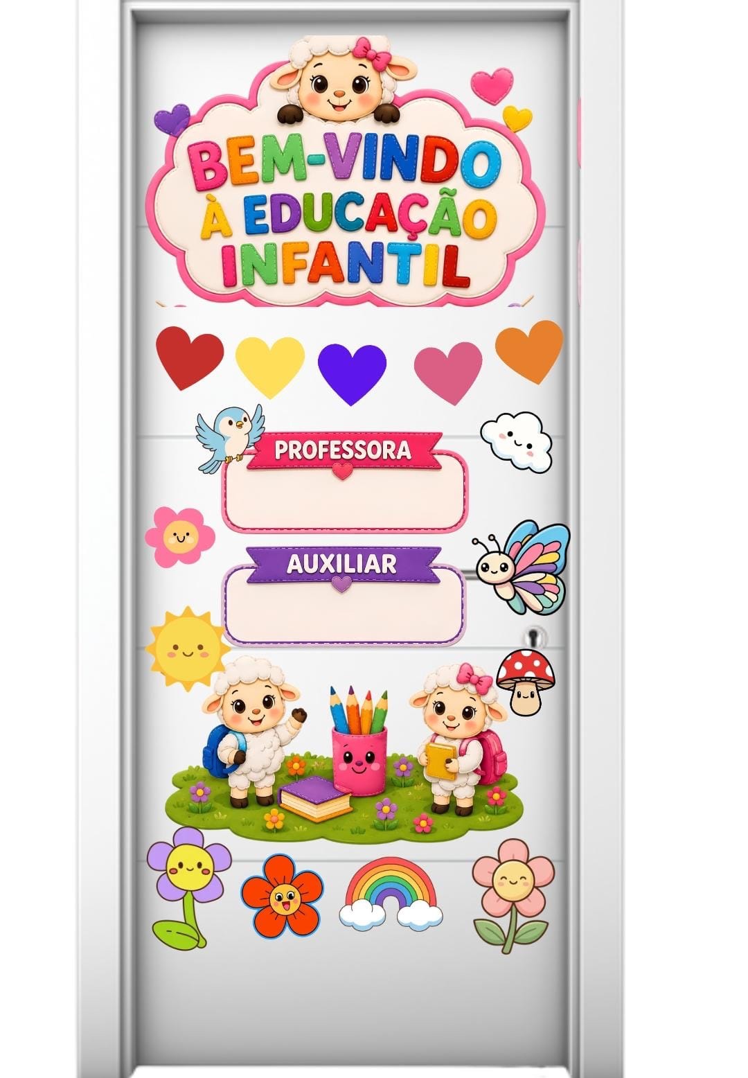 PLR Painel de Porta Bem-Vindo à Educação Infantil em PDF — amostra 1: Painel de porta infantil em PDF com elementos…