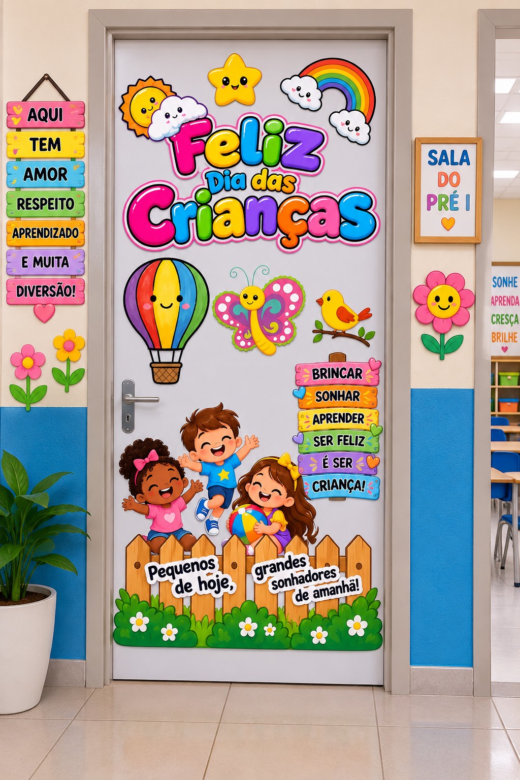 PLR Painel de Porta Feliz Dia das Crianças para Decoração Escolar — amostra 3: Painel de porta colorido e encantador para o…