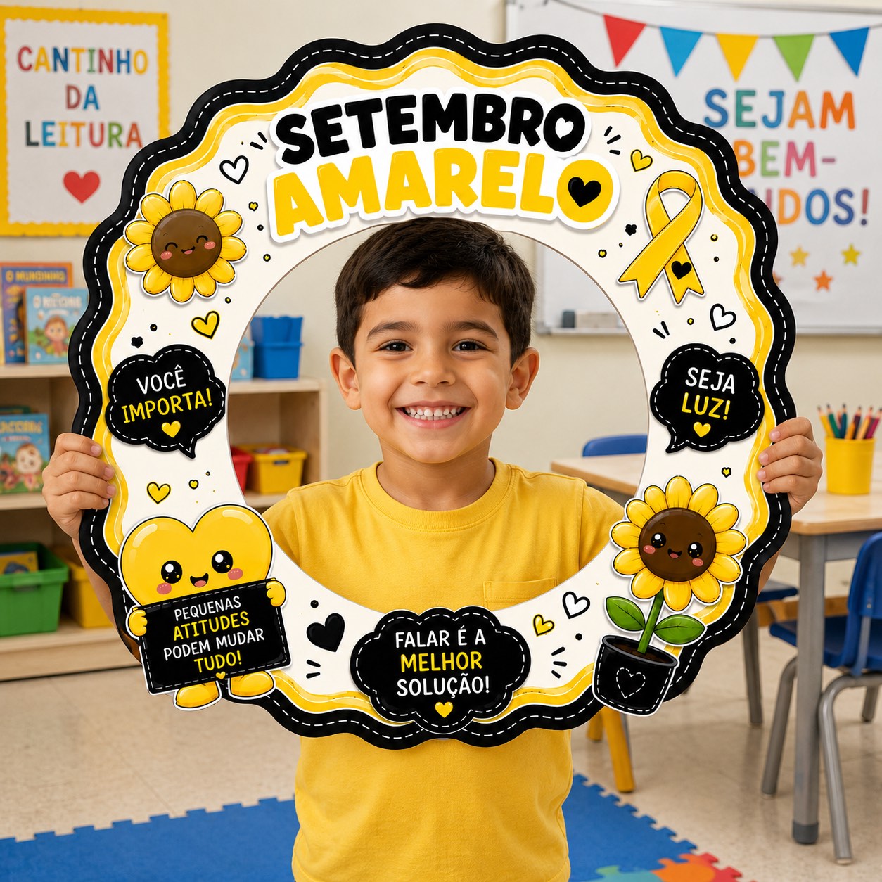 PLR Painel Interativo Setembro Amarelo em PDF — amostra 2: Kit pedagógico em PDF com moldura temática e viseira…