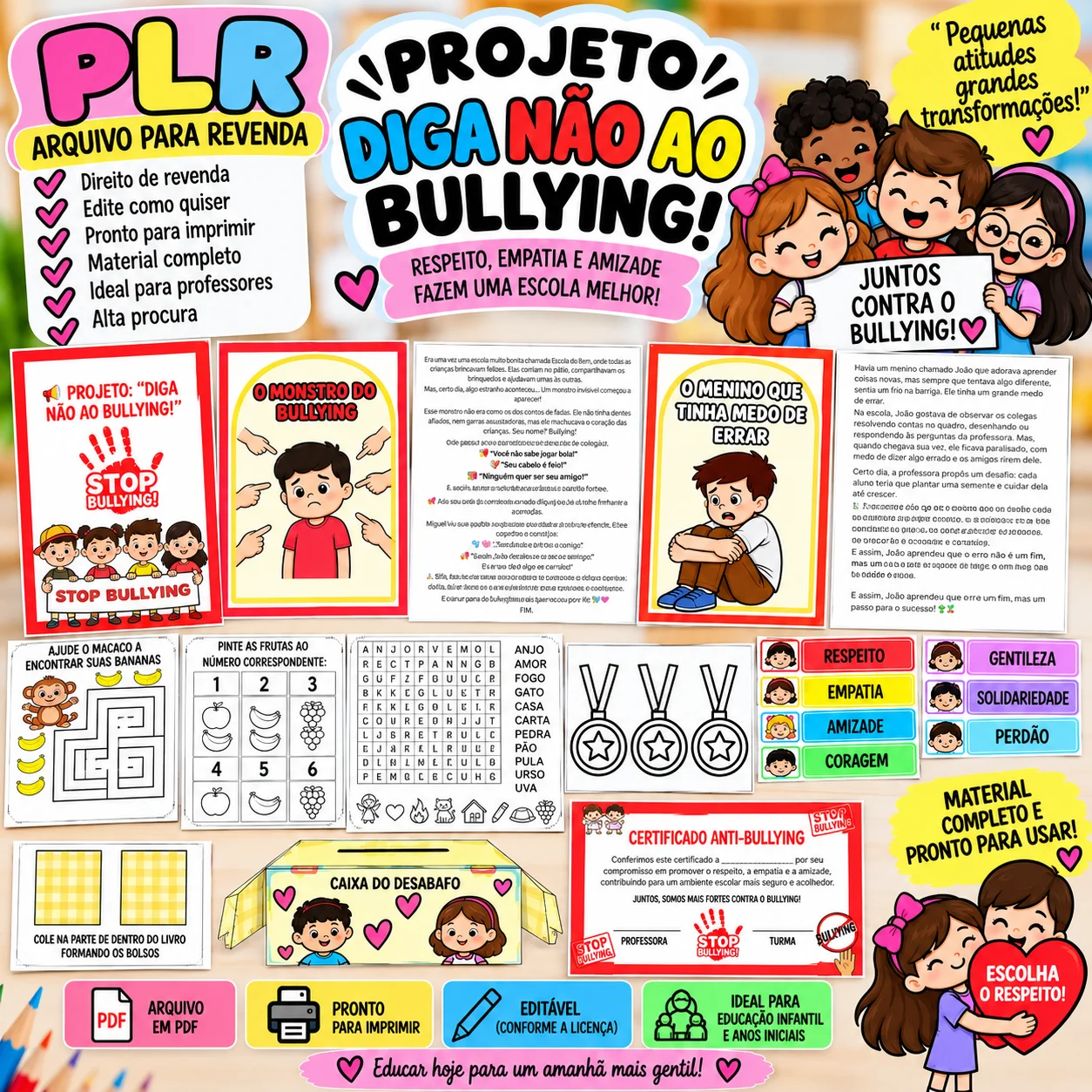 PLR Projeto Diga Não ao Bullying –Kit Pedagógico Completo para Revenda — amostra 2: Kit pedagógico em PLR para revenda ,…
