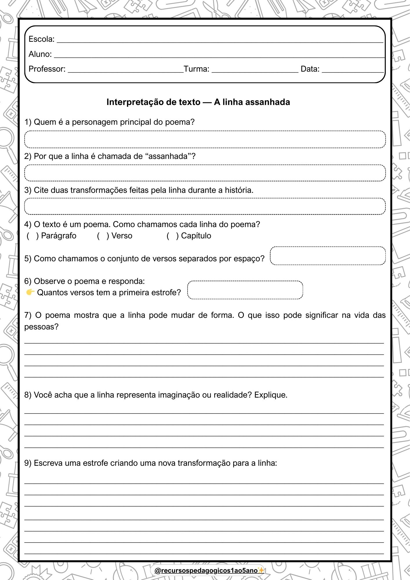Poema "A linha assanhada" com interpretação — 1º ao 5º ano – PDF para Imprimir | Anos Iniciais — amostra 4: Poema A linha…