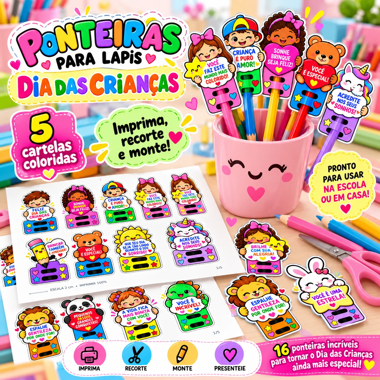 Ponteiras para Lápis Dia das Crianças – 5 Cartelas em PDF — amostra 1: ✏️ Ponteiras para Lápis – Dia das Crianças