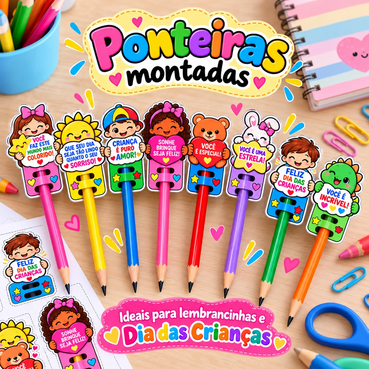 Ponteiras para Lápis Dia das Crianças – 5 Cartelas em PDF — capa do material