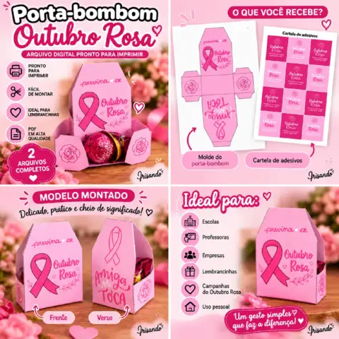 Porta-Bombom Outubro Rosa + Cartela de Adesivos — amostra 1: 🎀 PORTA-BOMBOM OUTUBRO ROSA