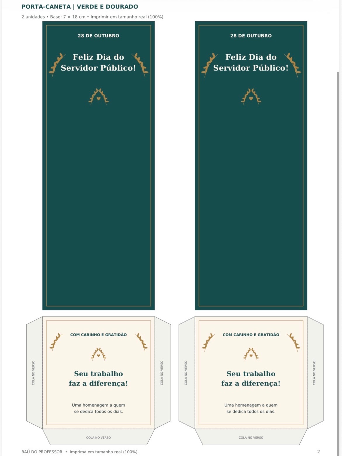 Porta-Caneta Dia do Servidor Público Verde e Dourado em PDF — amostra 2: Porta-caneta do Dia do Servidor Público em verde e…