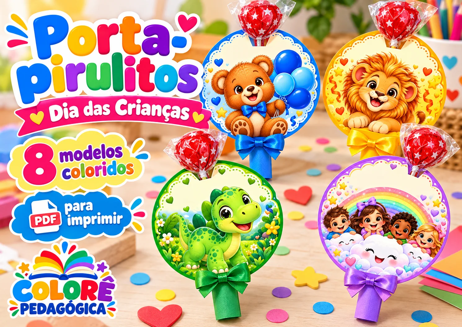 Porta-Pirulitos Dia das Crianças – 8 Modelos Coloridos em PDF. — amostra 2: 🍭 Encante as crianças com lembrancinhas cheias…