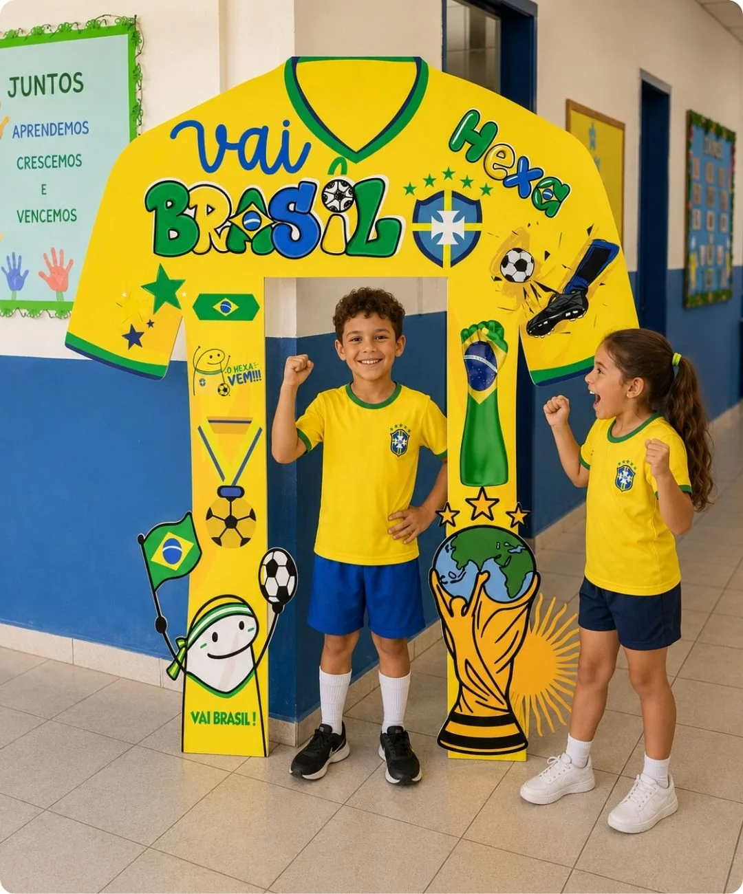 Portal fotográfico da Copa do Mundo para imprimir — amostra 5: Monte um espaço para fotos da turma com uma camisa do Brasil…