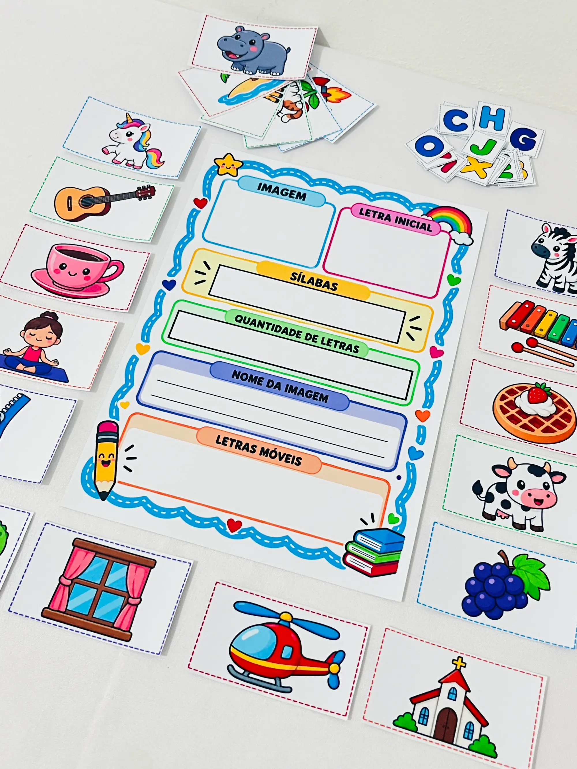 Prancha de Palavras para Alfabetização – 50 Figuras e Letras Móveis — amostra 1: O que está incluso