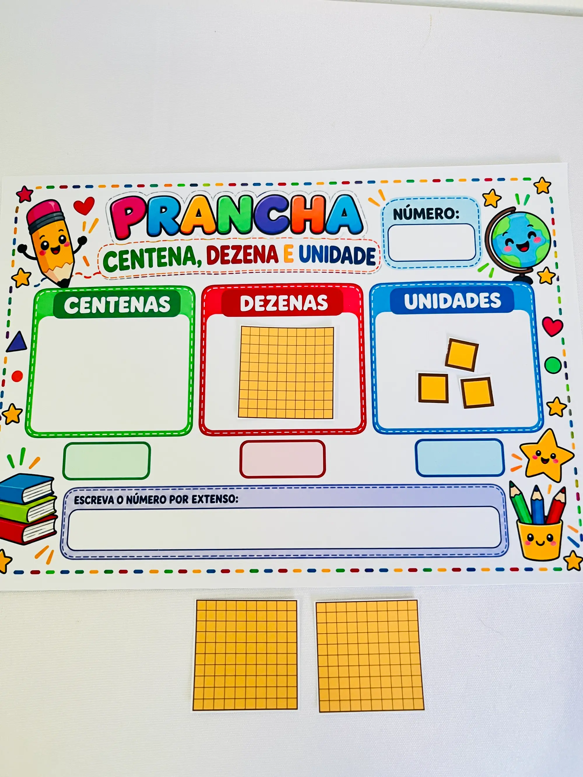 Prancha de Valor Posicional – Centena, Dezena e Unidade para Imprimir — amostra 2: Prancha de valor posicional com material…