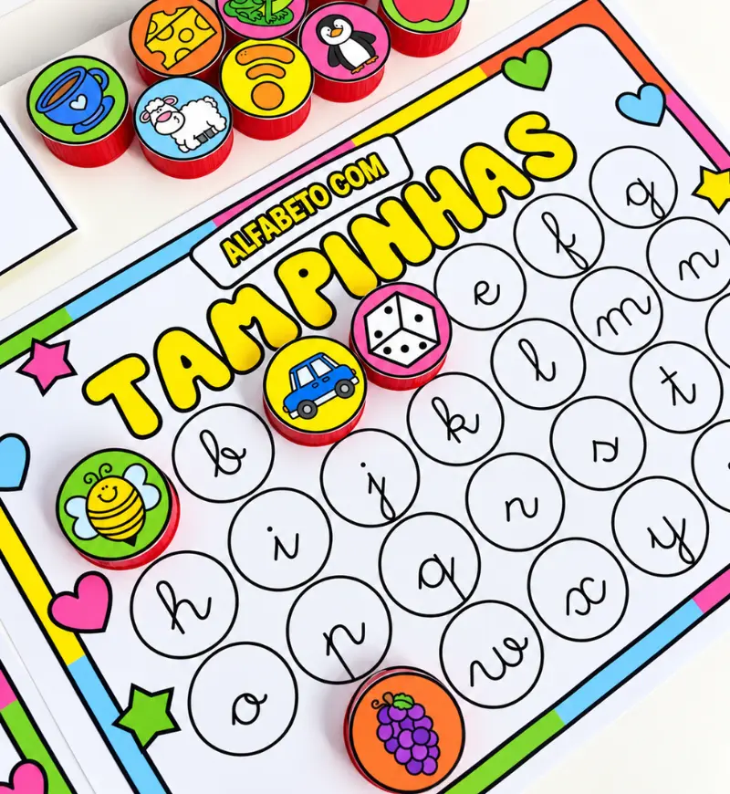 Pranchas Alfabeto com Tampinhas - Letra Bastão e Cursiva – PDF para Imprimir | Alfabetização — amostra 1: O que vem no…