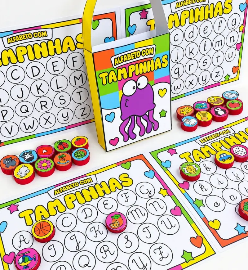 Pranchas Alfabeto com Tampinhas - Letra Bastão e Cursiva – PDF para Imprimir | Alfabetização — capa do material