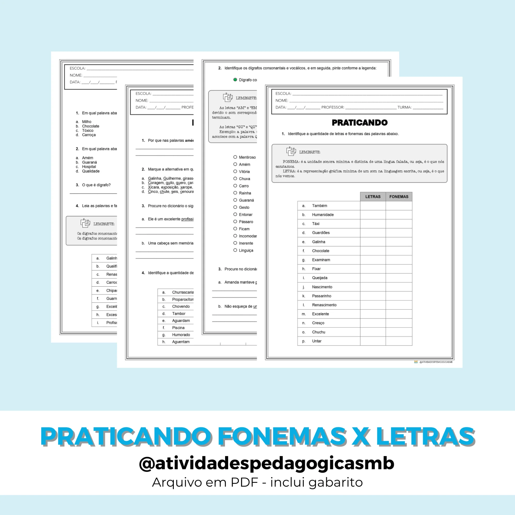 Praticando Letras X Fonemas - FONOLOGIA (PDF) — Português para 4º ano: Atividades de Língua Portuguesa sobre letras,…