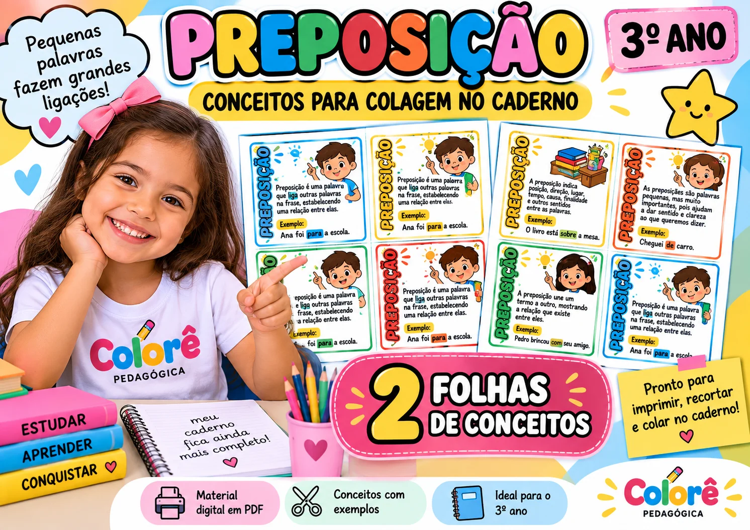 Preposição 3º Ano – 2 Folhas de Conceitos para Colagem no Caderno | — amostra 3: ✓ Conceitos com linguagem adequada ao 3º ano