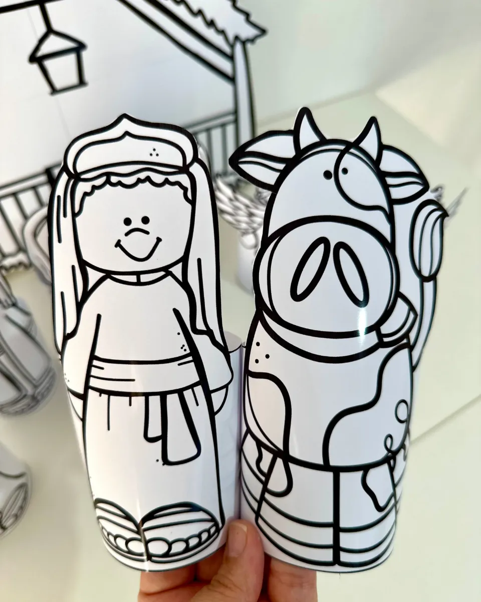 Presépio 3D Para Colorir - Material Digita — amostra 5: Presépio de mesa 3D para colorir e montar com rolinho de papel