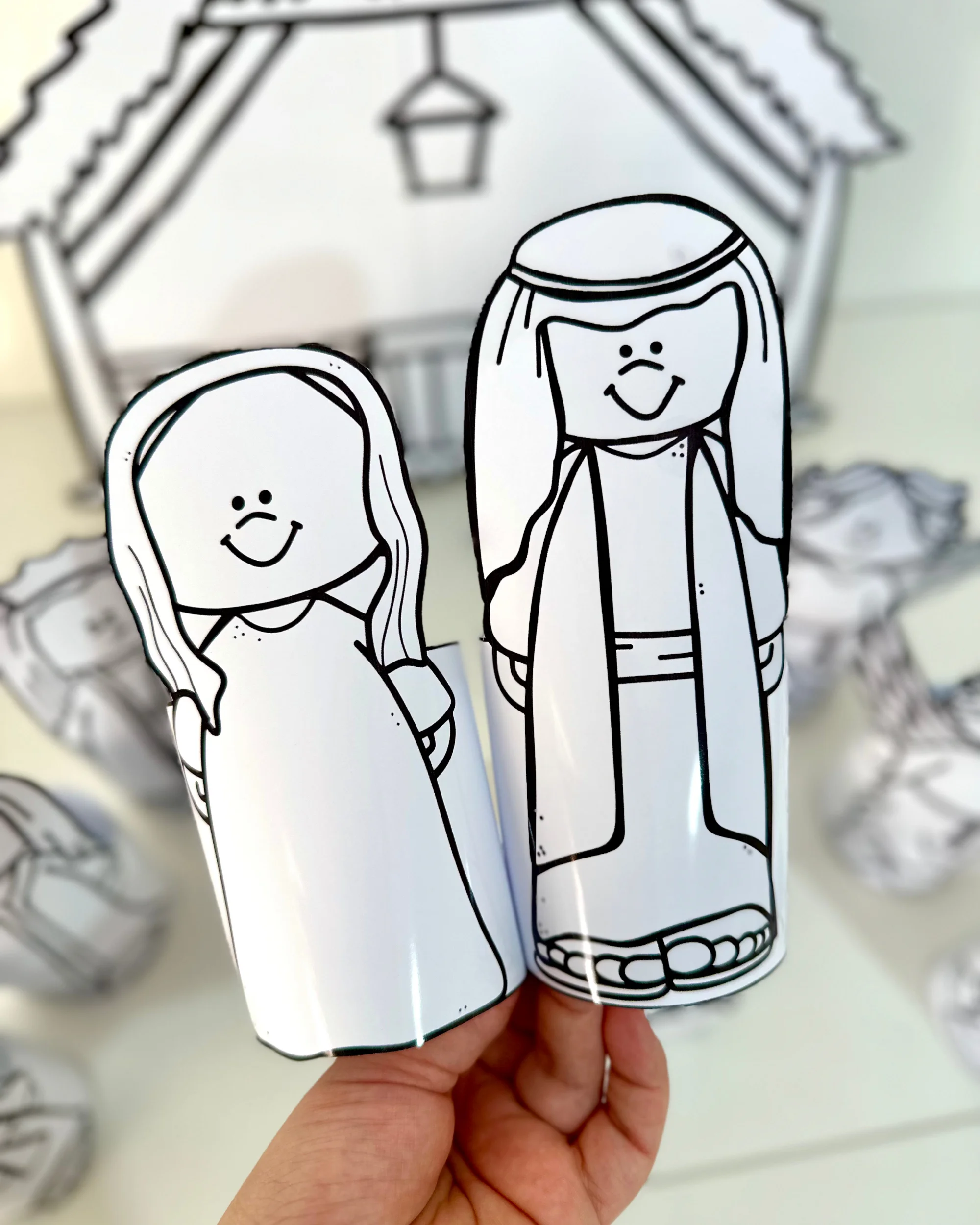 Presépio de Mesa para Colorir – Nascimento de Jesus — amostra 1: Presépio de mesa 3D para colorir, com arquivo PDF pronto…