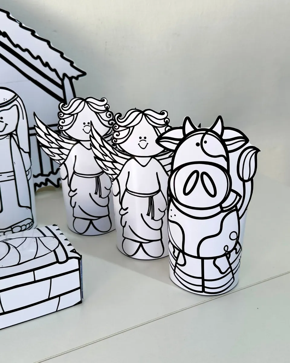 Presépio de Papel para Colorir – Atividade de Natal — amostra 1: Presépio de mesa 3D para colorir, com arquivo PDF pronto…