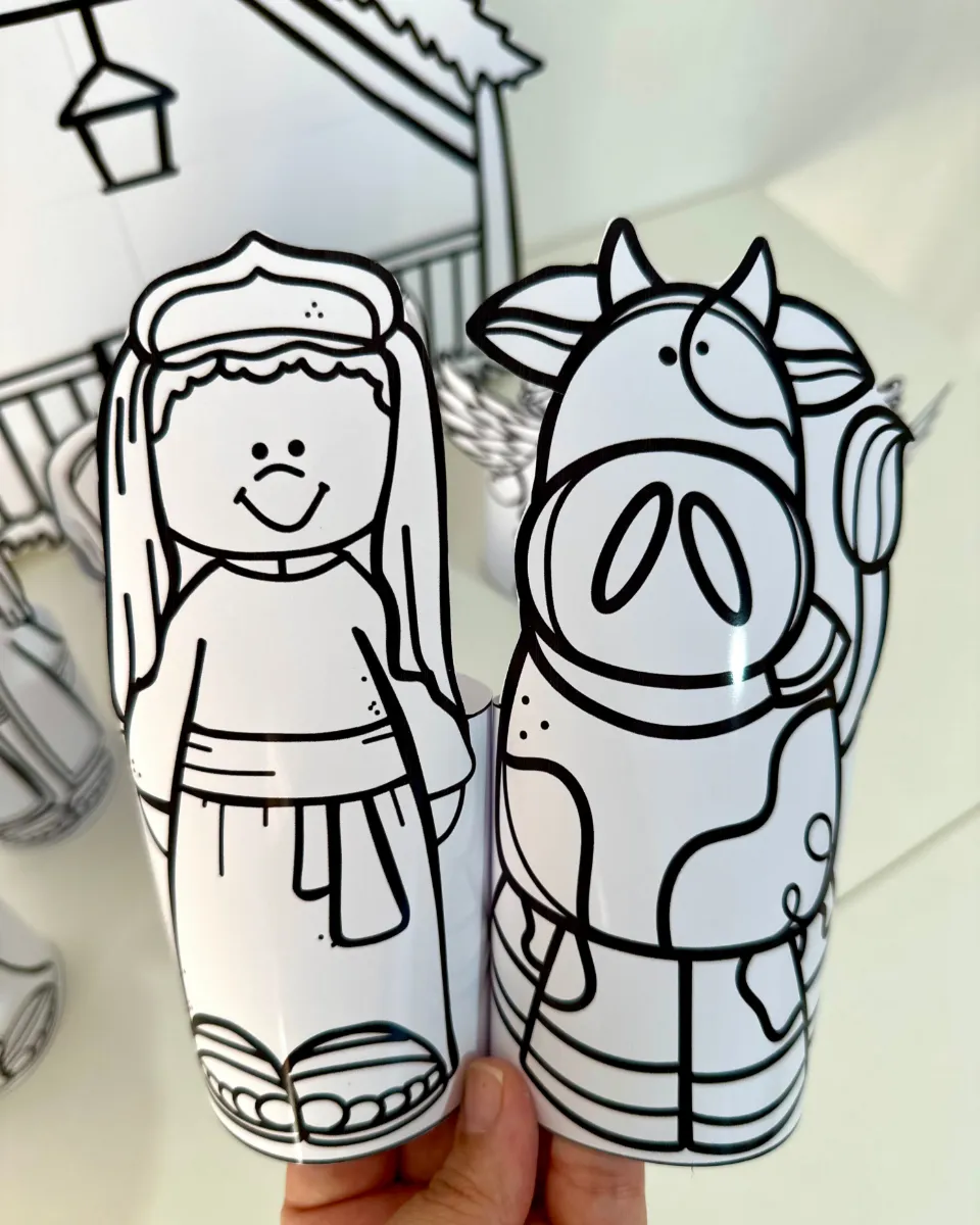 Presépio de Papel para Colorir – Atividade de Natal — amostra 2: Presépio de mesa 3D para colorir, com arquivo PDF pronto…