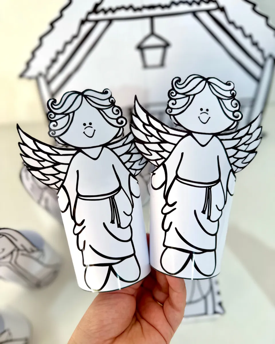 Presépio de Papel para Colorir – Atividade de Natal — amostra 3: Presépio de mesa 3D para colorir, com arquivo PDF pronto…