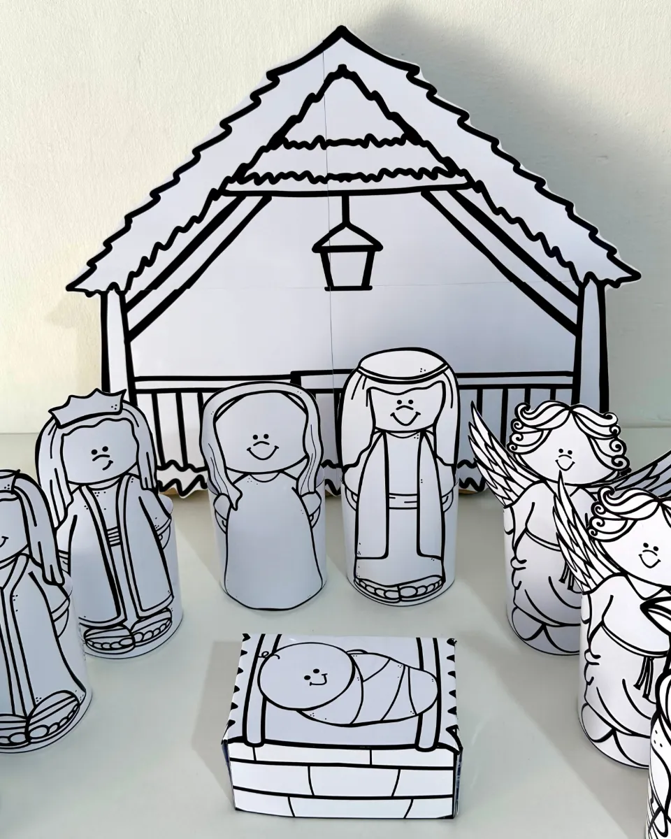 Presépio de Papel para Colorir – Atividade de Natal — amostra 5: Presépio de mesa 3D para colorir, com arquivo PDF pronto…