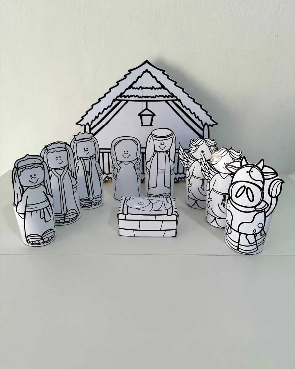 Presépio de Papel para Colorir – Atividade de Natal — amostra 6: Presépio de mesa 3D para colorir, com arquivo PDF pronto…