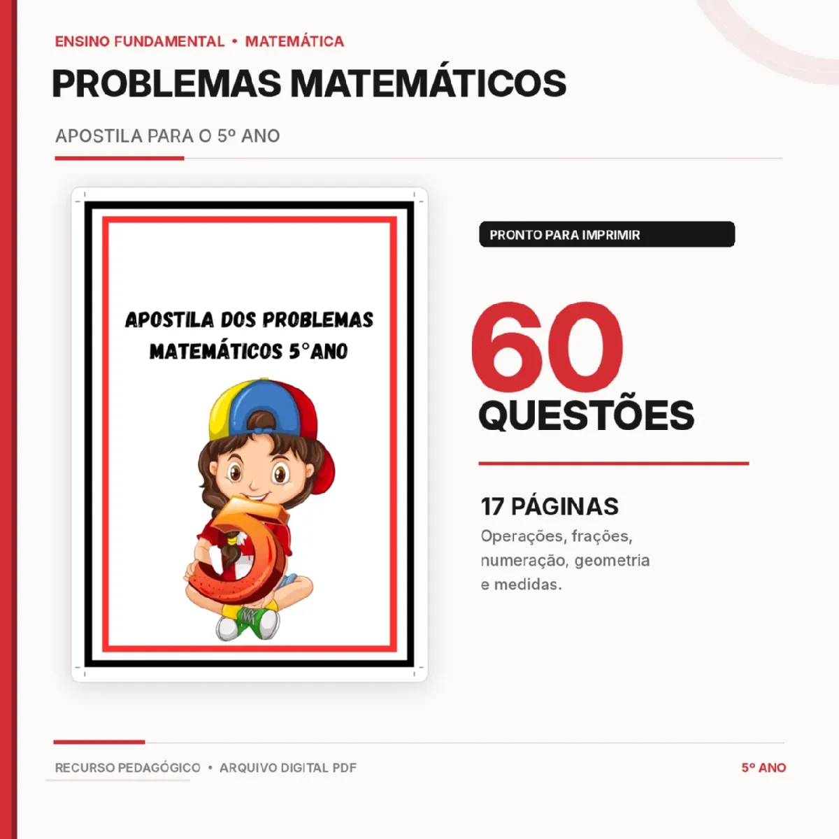 Problemas Matemáticos 5º Ano – Apostila com 60 Questões em PDF — Matemática para 5º ano: Apostila de Problemas Matemáticos…