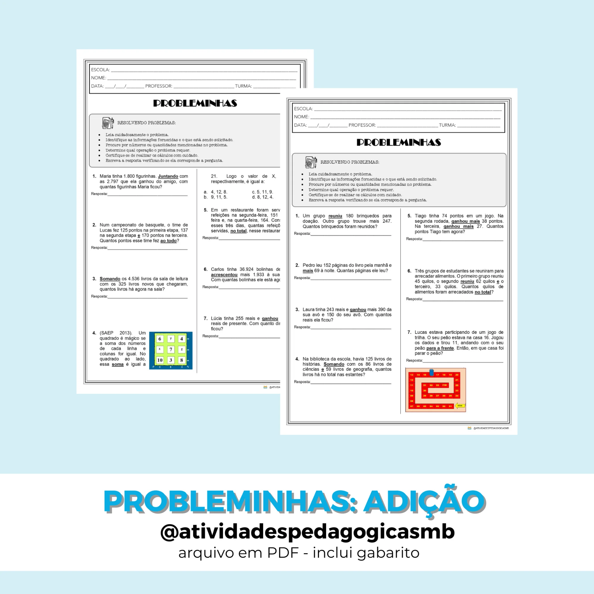Probleminhas de Adição 4º e 5º Ano (PDF) — capa do material