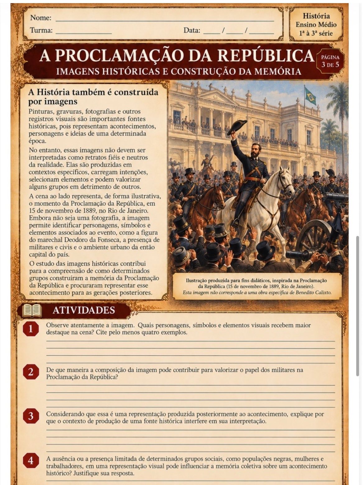 Proclamação da República – 5 Atividades Ensino Médio PDF — amostra 3: Kit com 5 atividades ilustradas sobre a Proclamação…