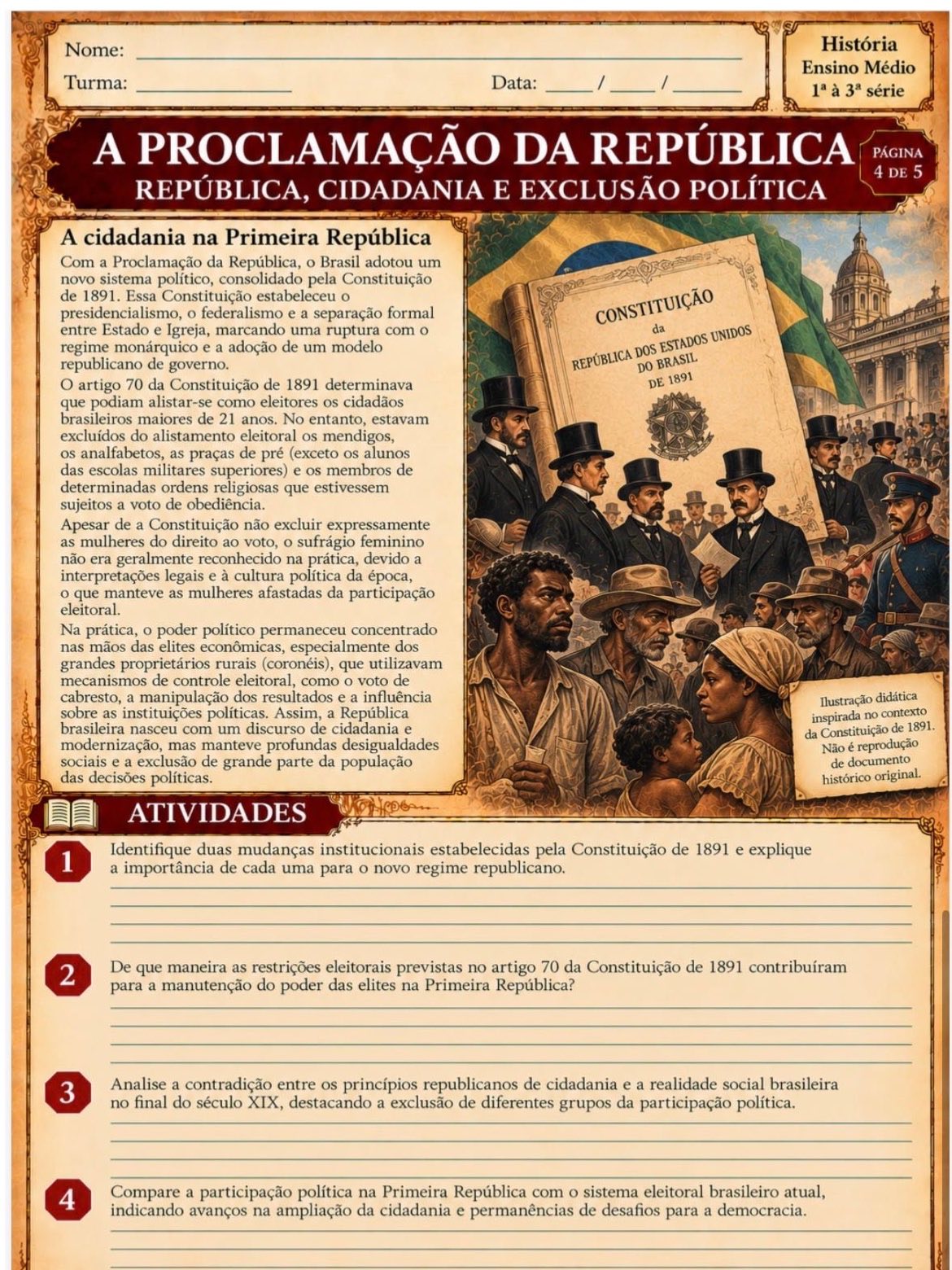 Proclamação da República – 5 Atividades Ensino Médio PDF — amostra 4: Kit com 5 atividades ilustradas sobre a Proclamação…