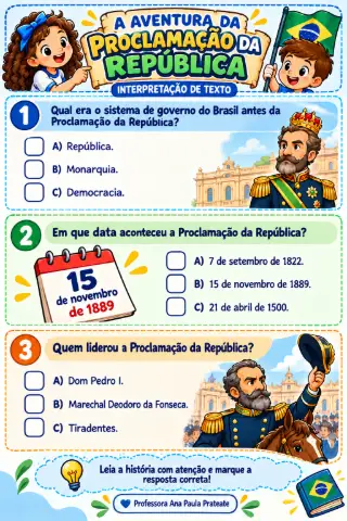 Proclamação da República em quadrinhos para imprimir PDF — amostra 2: O que vem no material